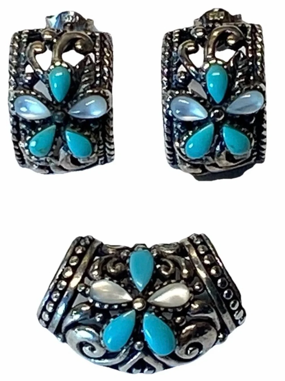 Vtg STH Sterling Silver Turquoise & Mother of Pearl Flower Slide Earrings Set